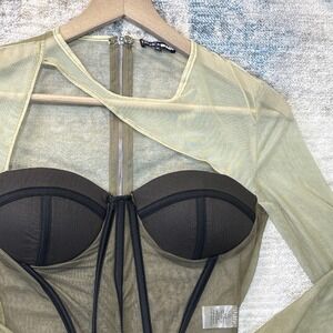 Fashion Nova Sheer Green‎ Goddess Fairycore Mesh Corset Top Long Sleeve S